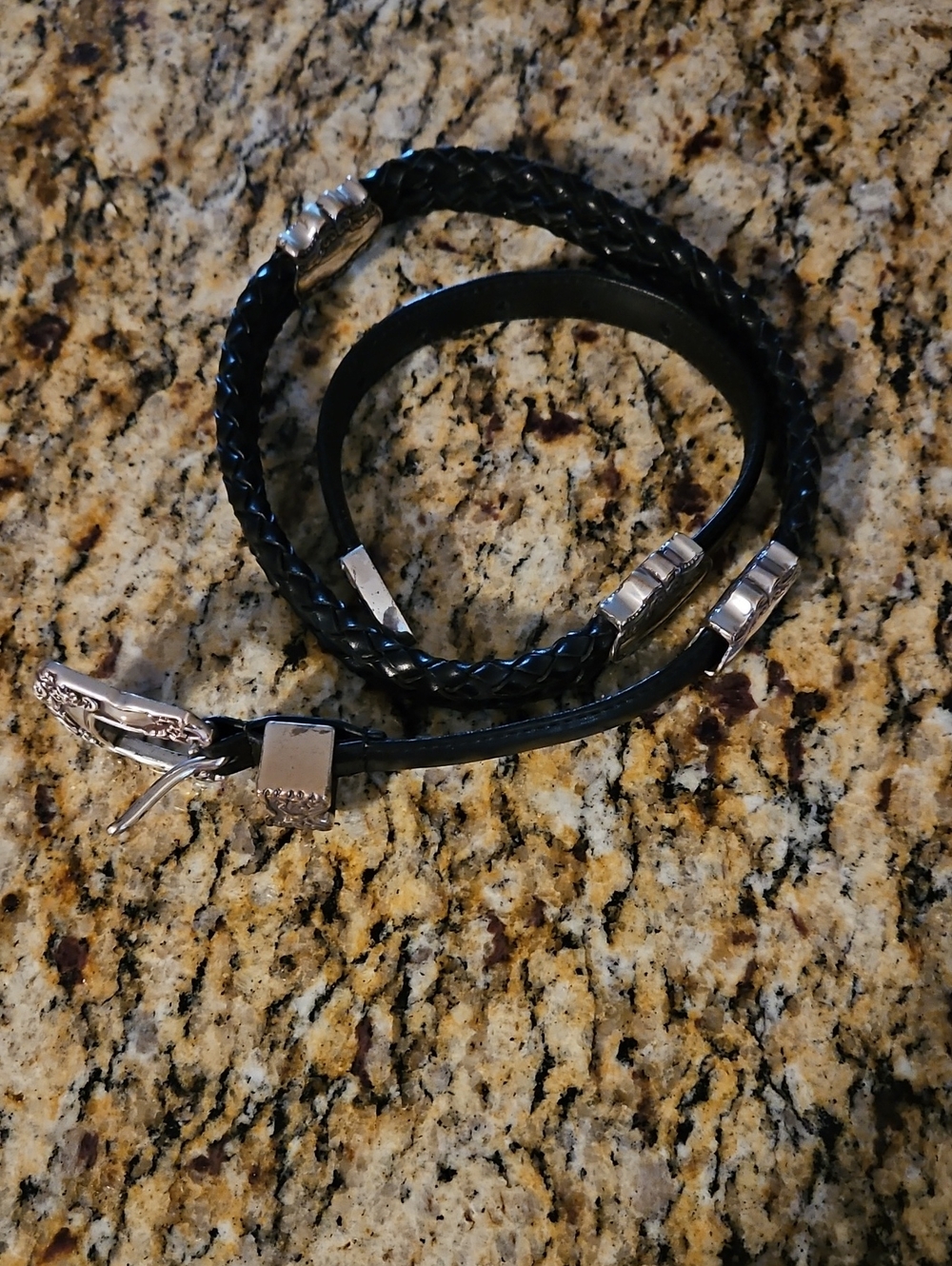 Woolrich Black Braided and Smooth Leather Wrap Bracelet with Silver Hardware